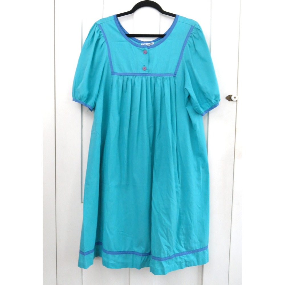 Lisanne Vintage Turquoise Muumuu Large Patio House Dress Puff Sleeve Pockets